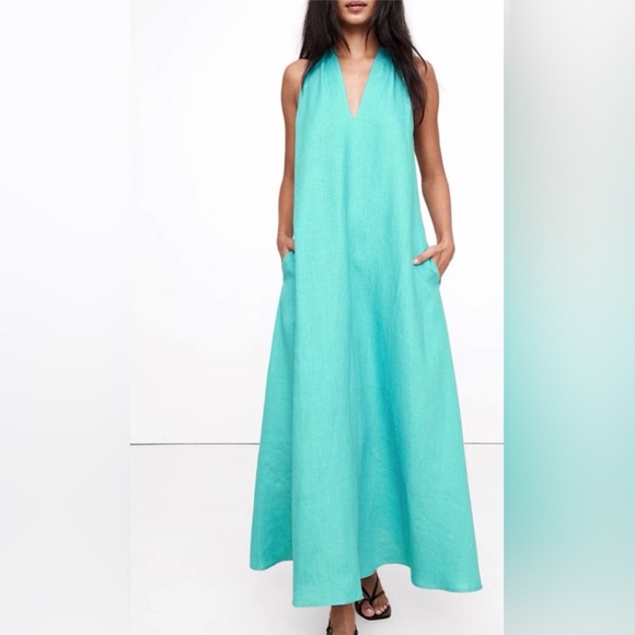 halter neck shirt dress Women Solid Green Halter Neck Front Button-Up Straight Hem Mini Shirt Dress main image 1